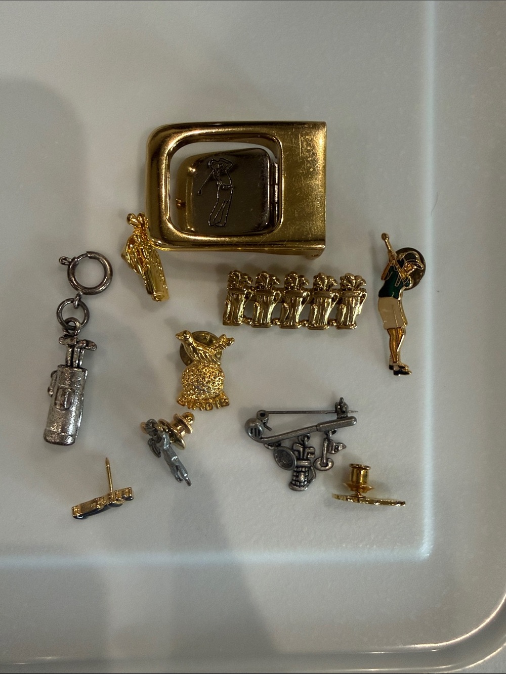Gold and Silver Golf Lapel Pin Set and Belt Buckle